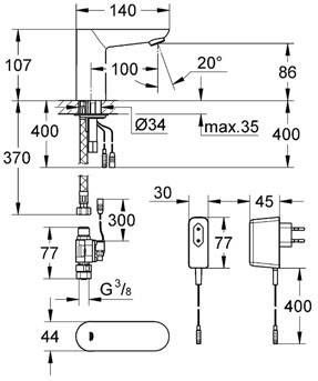 Grohe Euroeco Cosmopolitan E electronische wastafelkraan met netvoeding 230v chroom