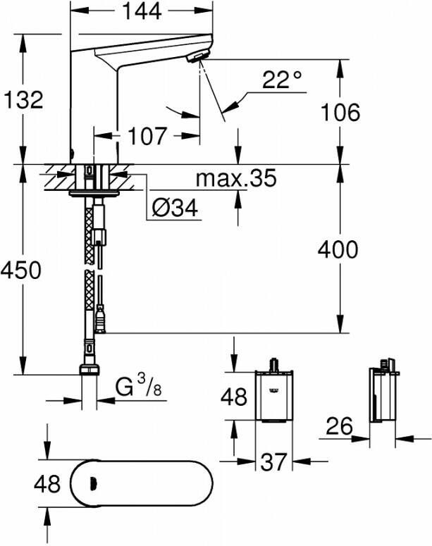 Grohe Eurosmart Cosmopolitan E ir wastafelkraan m-size met batterij chroom