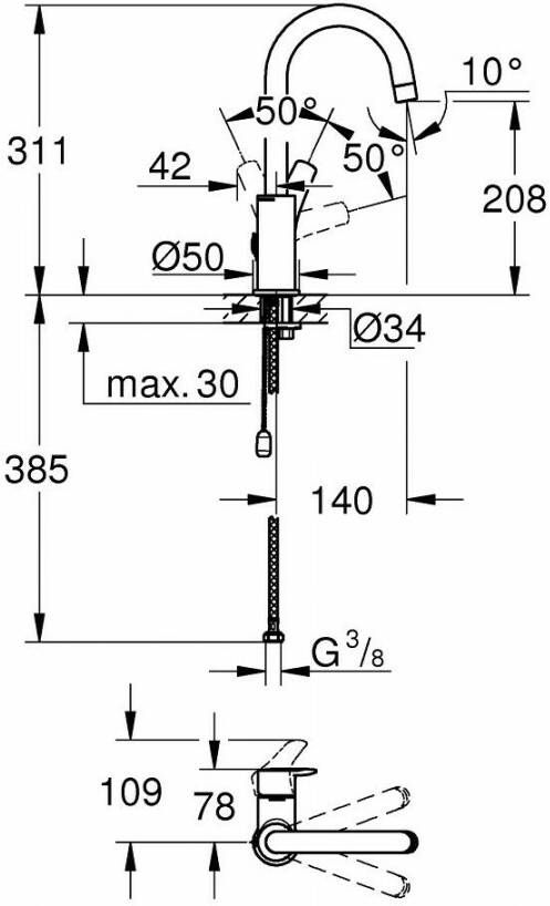 Grohe Eurosmart wastafelkraan l-size met ketting chroom