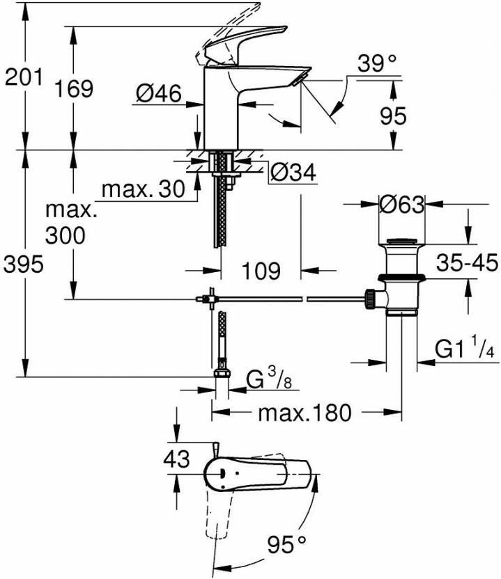 Grohe Eurosmart wastafelkraan s-size met trekwaste chroom