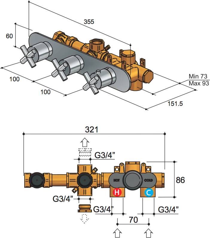 Hotbath Chap C067 inbouw thermostaat met 2 stopkranen horizontale plaatsing geborsteld nikkel