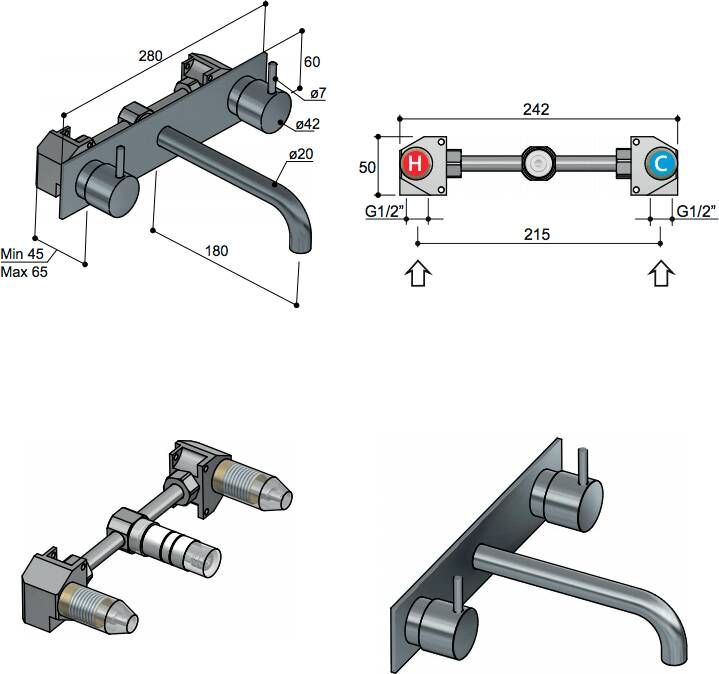 Hotbath Cobber CB006T afbouwdeel wastafelkraan 3-gats met achterplaat en 18 cm uitloop geborsteld messing