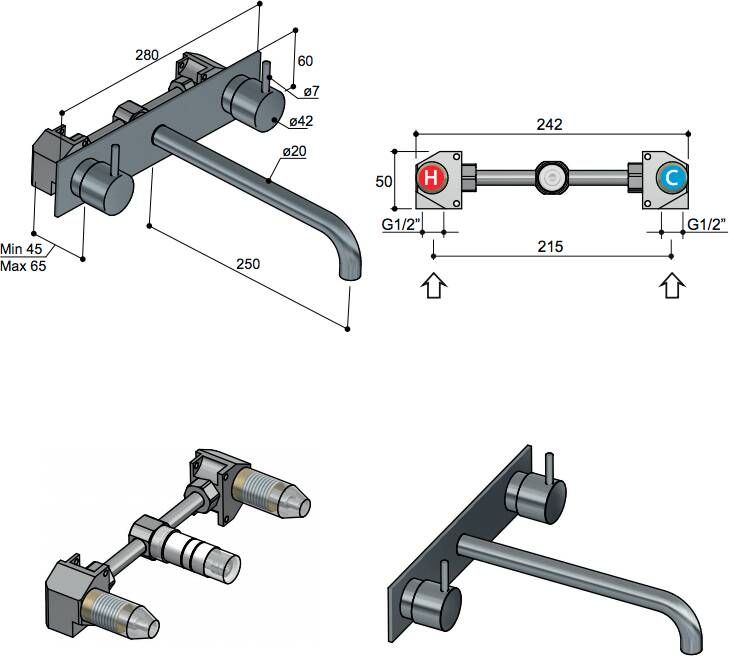 Hotbath Cobber CB006T afbouwdeel wastafelkraan 3-gats met achterplaat en 25 cm uitloop gepolijst messing PVD