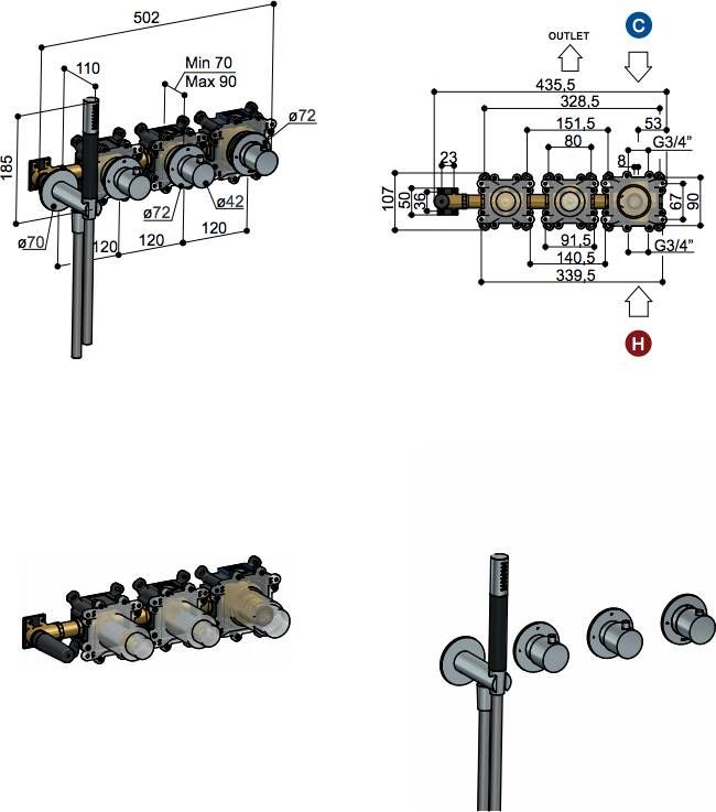 Hotbath Cobber CB7071 inbouw thermostaat met 2 stopkranen en handdouche verouderd ijzer