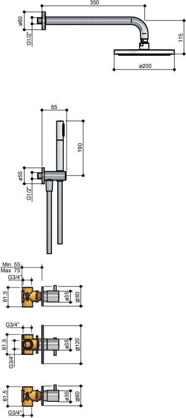 Hotbath IBS 2 Get Together inbouw doucheset Laddy vierkant geborsteld nikkel met ronde 3 standen handdouche 20cm hoofddouche met wandarm met glijstang