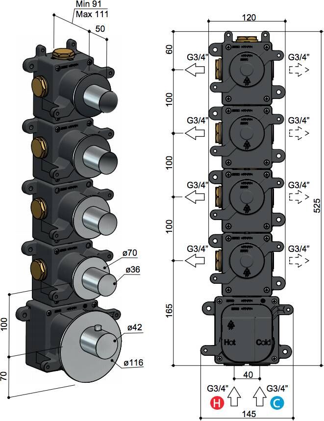 Hotbath Mate MHR4 High Flow thermostaat met 4 stopkranen geborsteld nikkel