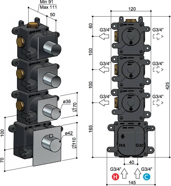 Hotbath Mate MHRQ3 High Flow thermostaat met 3 stopkranen chroom