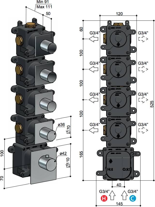 Hotbath Mate MHRQ4 High Flow thermostaat met 4 stopkranen geborsteld nikkel