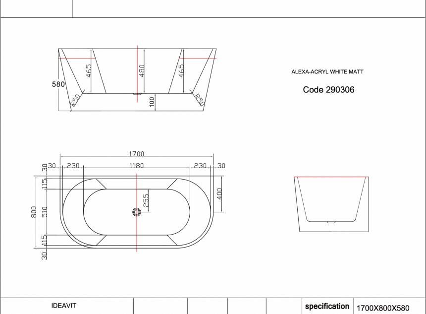 Ideavit Alexa halfvrijstaand bad 170x80cm Acryl mat wit