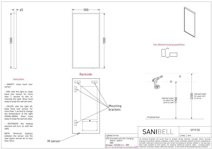 Ink SP19 spiegel 50x80cm in stalen kader met rondom indirecte LED verlichting Mat zwart