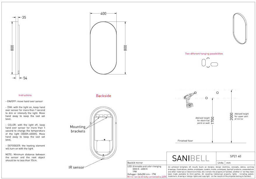 Ink SP21 Spiegel 40x80cm LED verlichting rondom geborsteld RVS