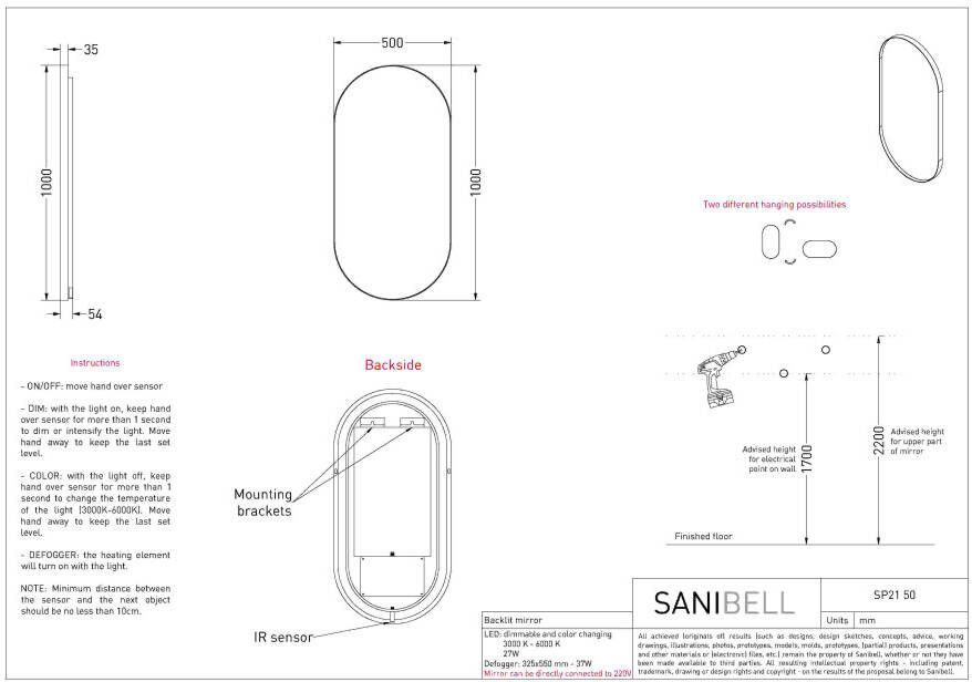 Ink SP21 Spiegel 50x100cm LED verlichting rondom geborsteld koper