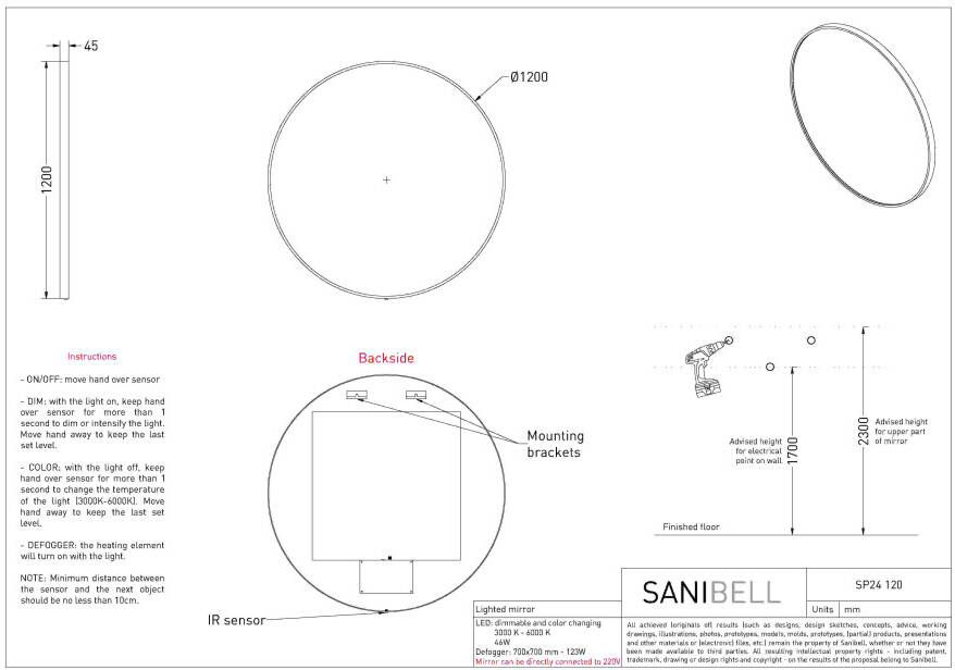 Ink SP24 spiegel rond 120cm met kader direct LED verlichting rondom mat goud