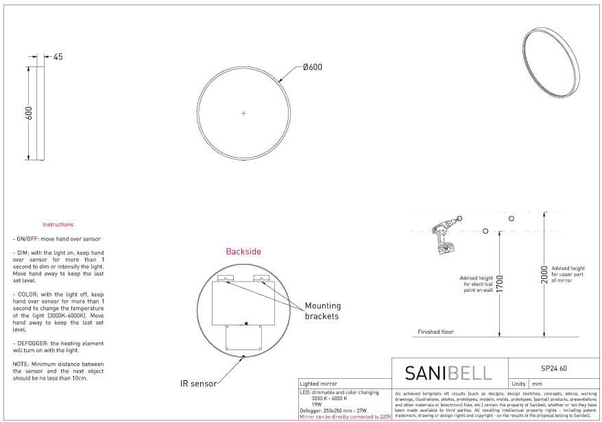 Ink SP24 spiegel rond 60cm met kader direct LED verlichting rondom mat zwart