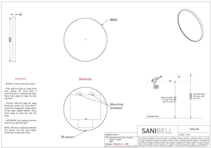 Ink SP24 spiegel rond 80cm met kader direct LED verlichting rondom mat zwart