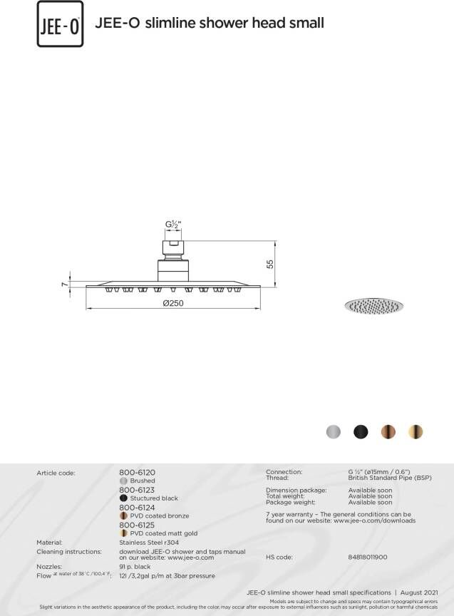 JEE-O slimline Douchekop 25cm rvs bronze