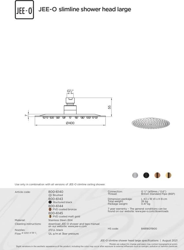JEE-O slimline Douchekop groot 40 cm rvs goud
