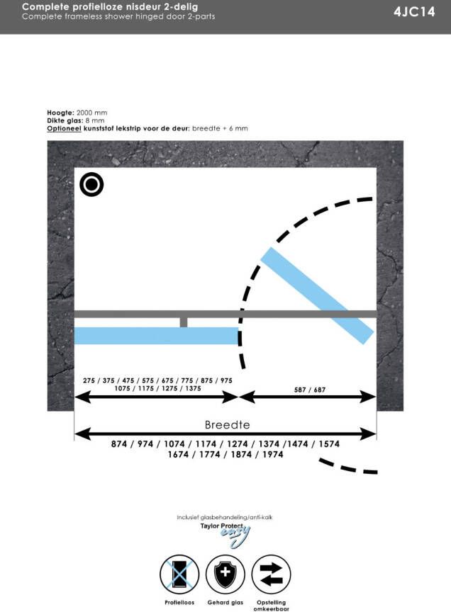 Brauer 4JC14 2-delige nisopstelling inloopwand met nisdeur muurkant 110cm (50 60) RVS geborsteld