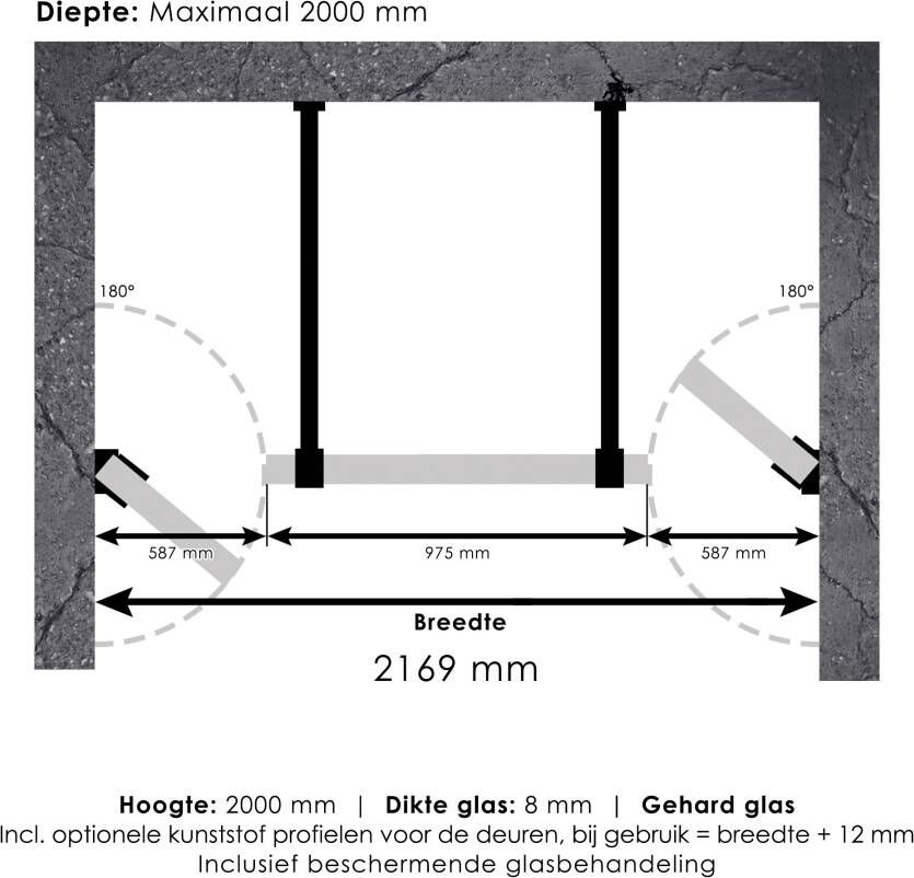 Brauer 4JC17 3-delige nisopstelling inloopwand met nisdeuren aaneengeschakeld 220cm (60 100 60) mat zwart