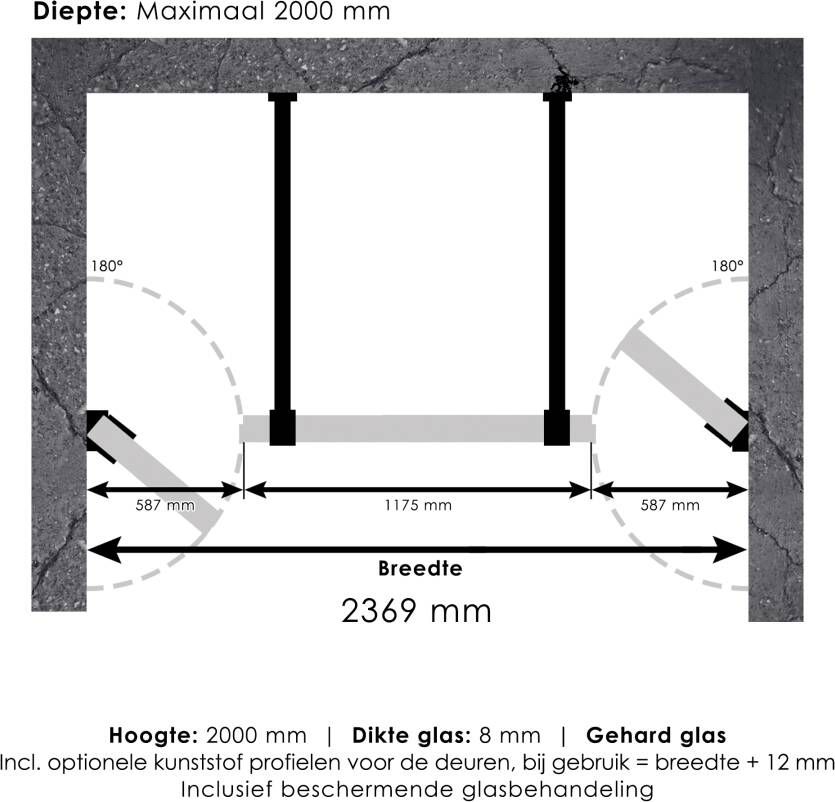 Brauer 4JC17 3-delige nisopstelling inloopwand met nisdeuren aaneengeschakeld 240cm (60 120 60) gunmetal geborsteld