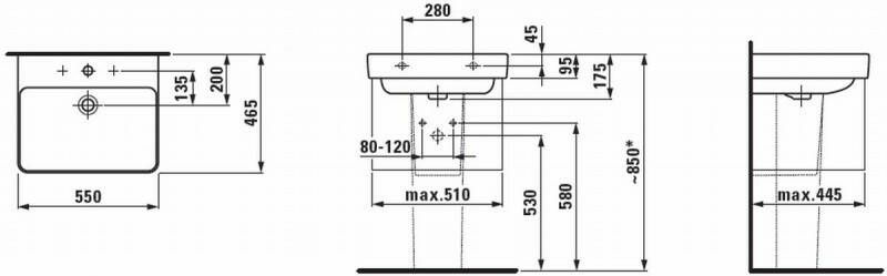 LAUFEN Pro s wastafel 55x46.5 cm. 1x kraangat met overloop wit