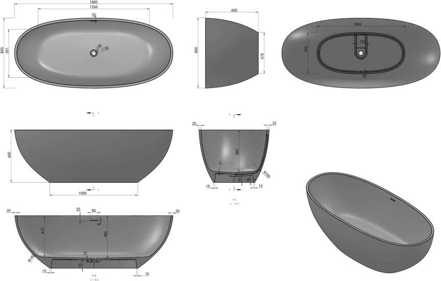 Luca Sanitair Bagno Metallo vrijstaand bad 180x80cm ovaal Solid Surface binnenzijde mat wit buitenzijde copper