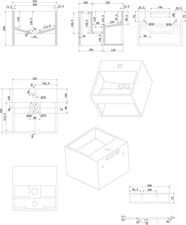 Luca Sanitair fontein wastafel vierkant met schap 32 5x32 5x25h in solid surface kraangat door te boren mat wit