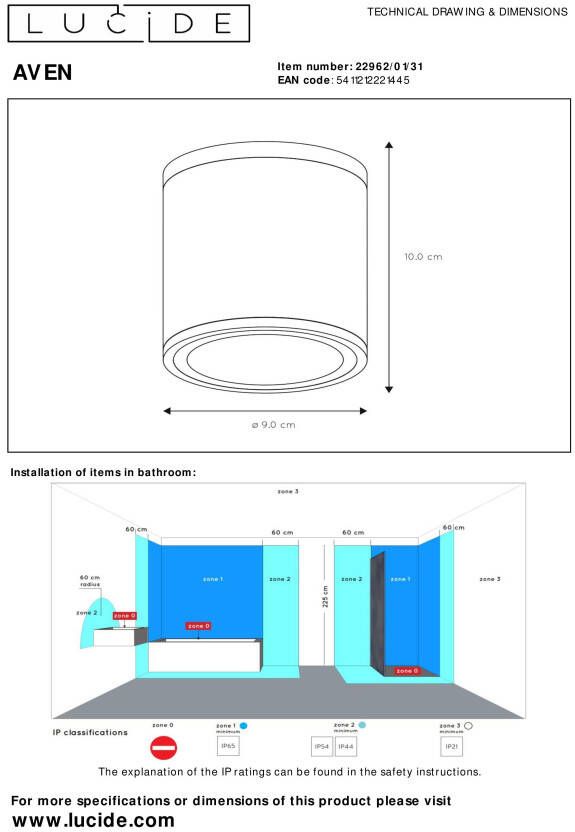 Lucide Aven Plafondspot Badkamer Ø 9 cm GU10 IP65 Wit