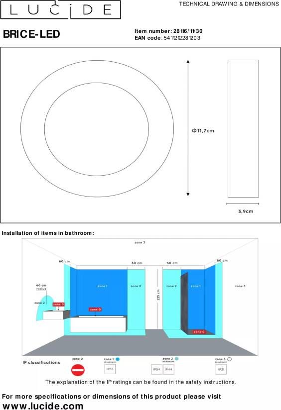 Lucide Brice-Led Plafonnière Badkamer Ø 11 7 cm LED 1x8W 3000K IP44 Zwart