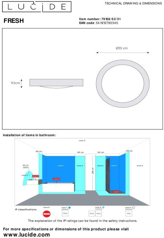 Lucide Fresh Plafonnière Badkamer Ø 35 cm 2xE27 IP44 Wit