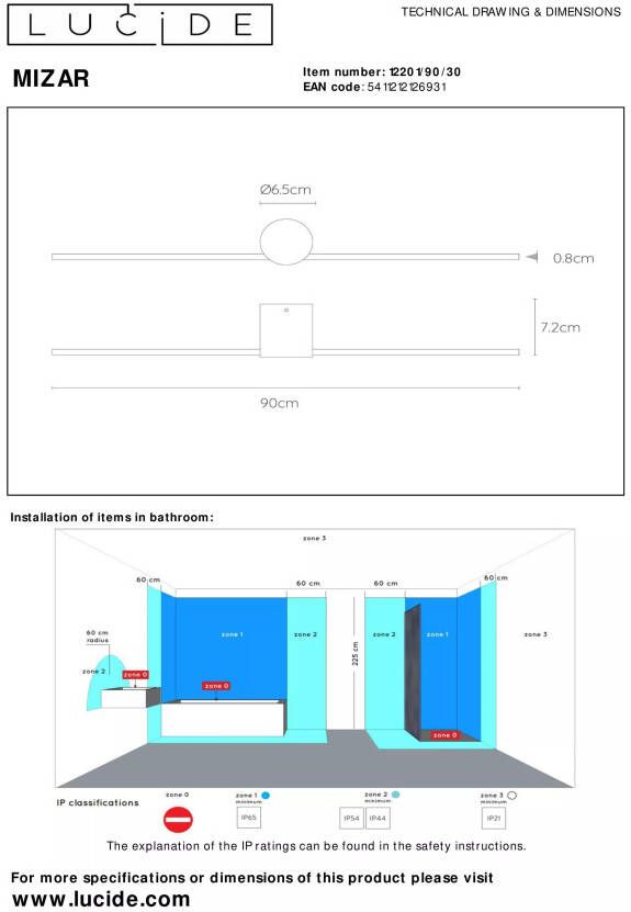 Lucide Mizar Wandlamp Badkamer LED 1x10W 2700K IP44 Zwart