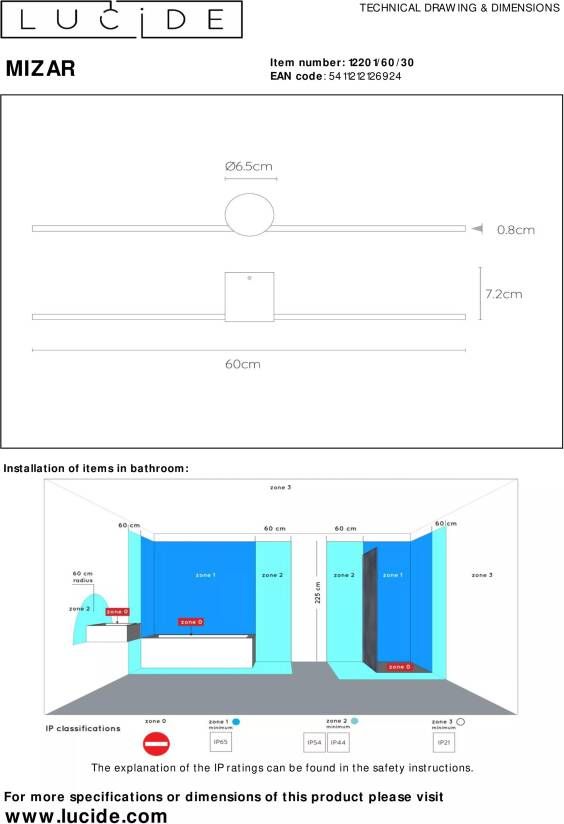 Lucide Mizar Wandlamp Badkamer LED 1x6W 2700K IP44 Zwart