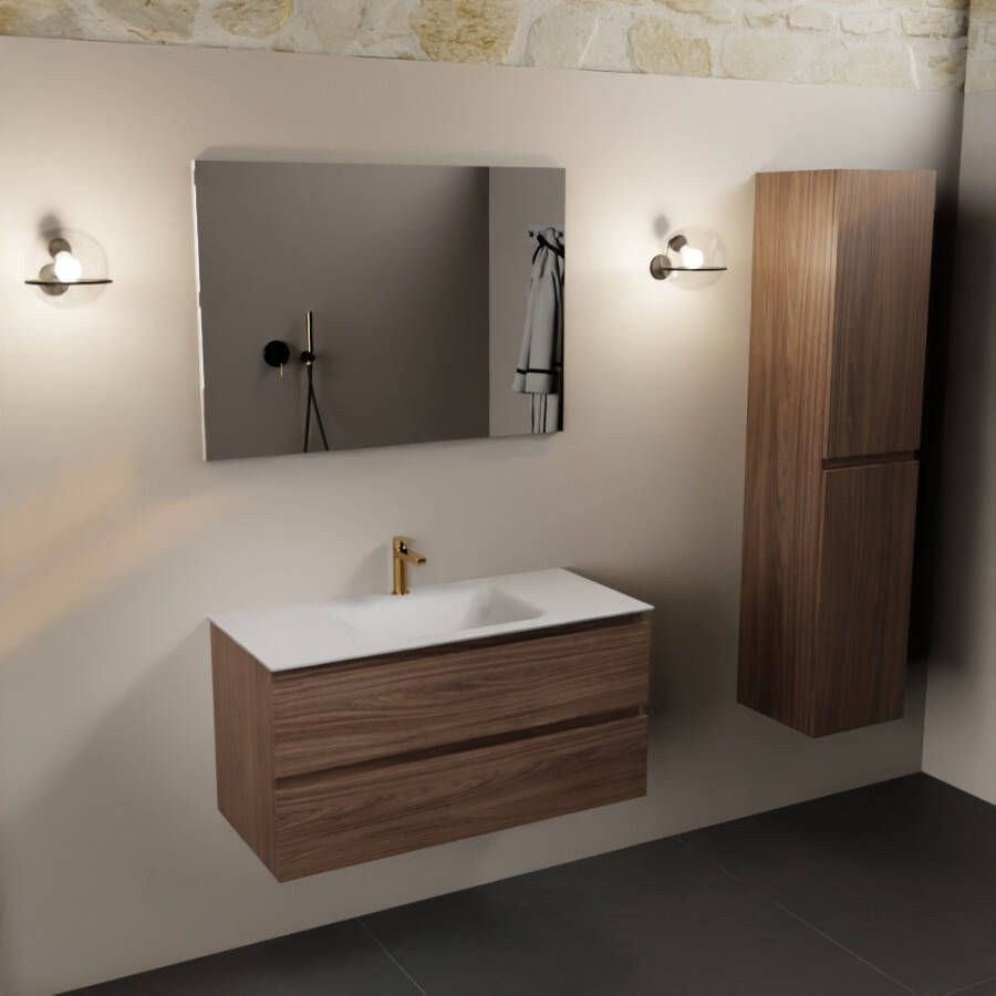 Mondiaz Aivy 100cm badmeubel Mocha wastafel Talc solid surface midden 1 kraangat met spiegel