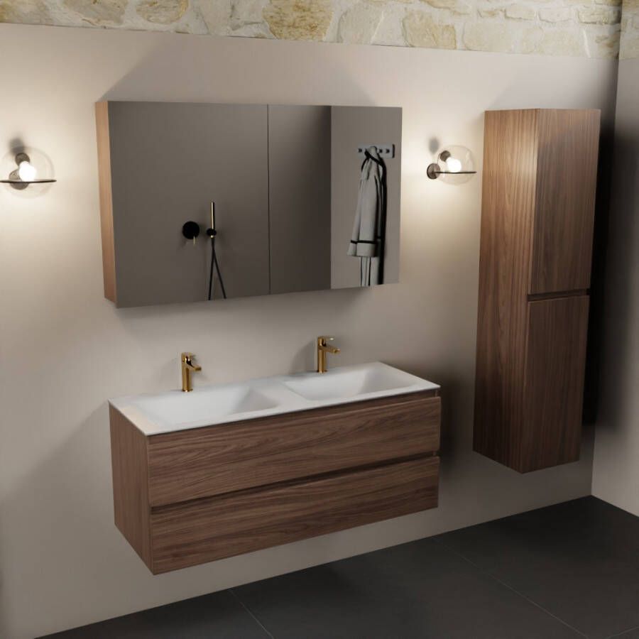 Mondiaz Aivy 120cm badmeubel Mocha wastafel Talc solid surface dubbel 2 kraangaten met spiegelkast