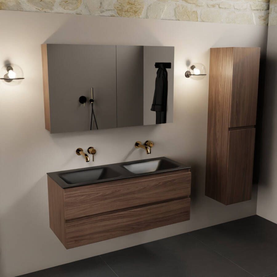 Mondiaz Aivy 120cm badmeubel Mocha wastafel Urban solid surface dubbel zonder kraangat met spiegelkast