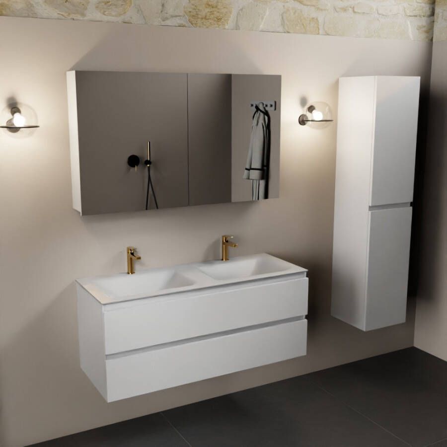 Mondiaz Aivy 120cm badmeubel Talc wastafel Talc solid surface dubbel 2 kraangaten met spiegelkast