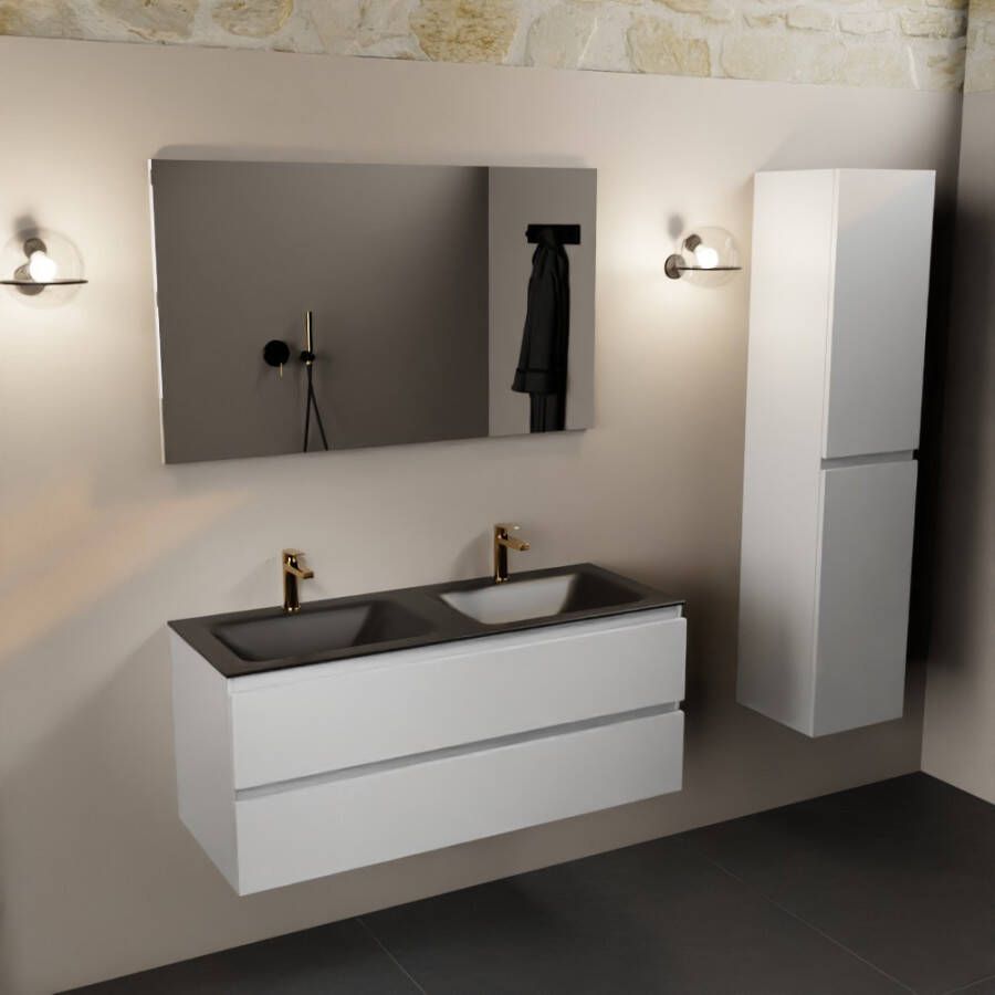 Mondiaz Aivy 120cm badmeubel Talc wastafel Urban solid surface dubbel 2 kraangaten met spiegel