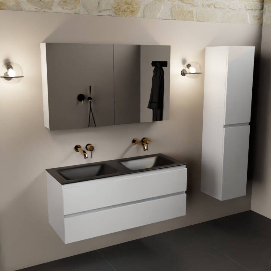 Mondiaz Aivy 120cm badmeubel Talc wastafel Urban solid surface dubbel zonder kraangat met spiegelkast