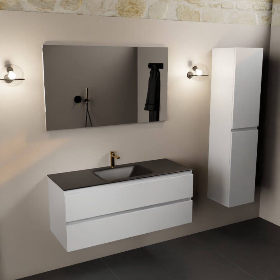 Mondiaz Aivy 120cm badmeubel Talc wastafel Urban solid surface midden 1 kraangat met spiegel