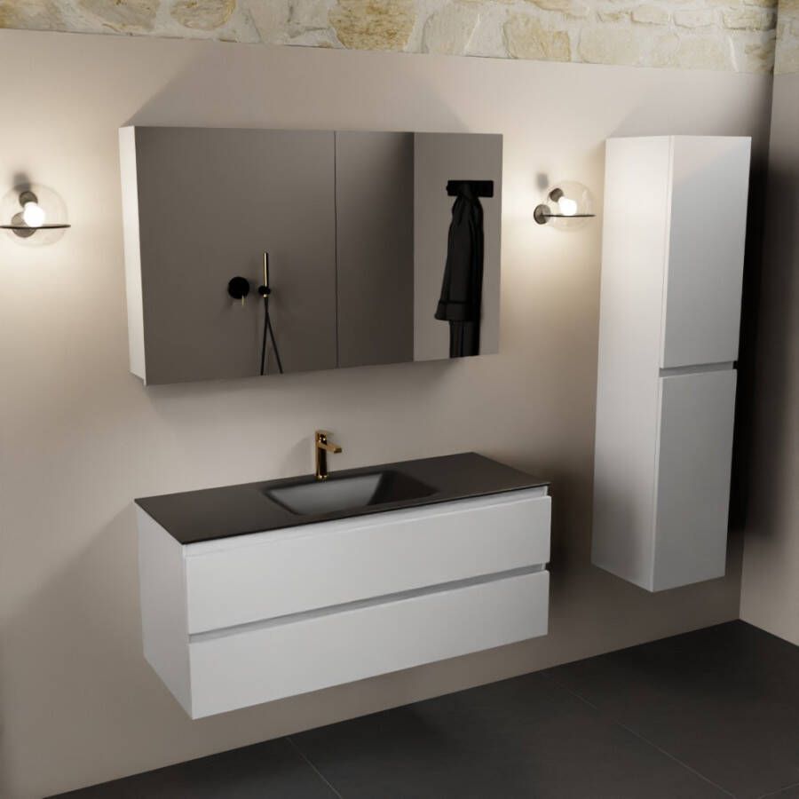 Mondiaz Aivy 120cm badmeubel Talc wastafel Urban solid surface midden 1 kraangat met spiegelkast