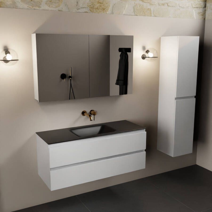 Mondiaz Aivy 120cm badmeubel Talc wastafel Urban solid surface midden zonder kraangat met spiegelkast