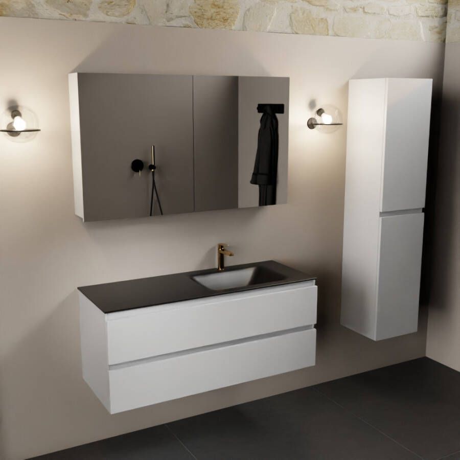 Mondiaz Aivy 120cm badmeubel Talc wastafel Urban solid surface rechts 1 kraangat met spiegelkast