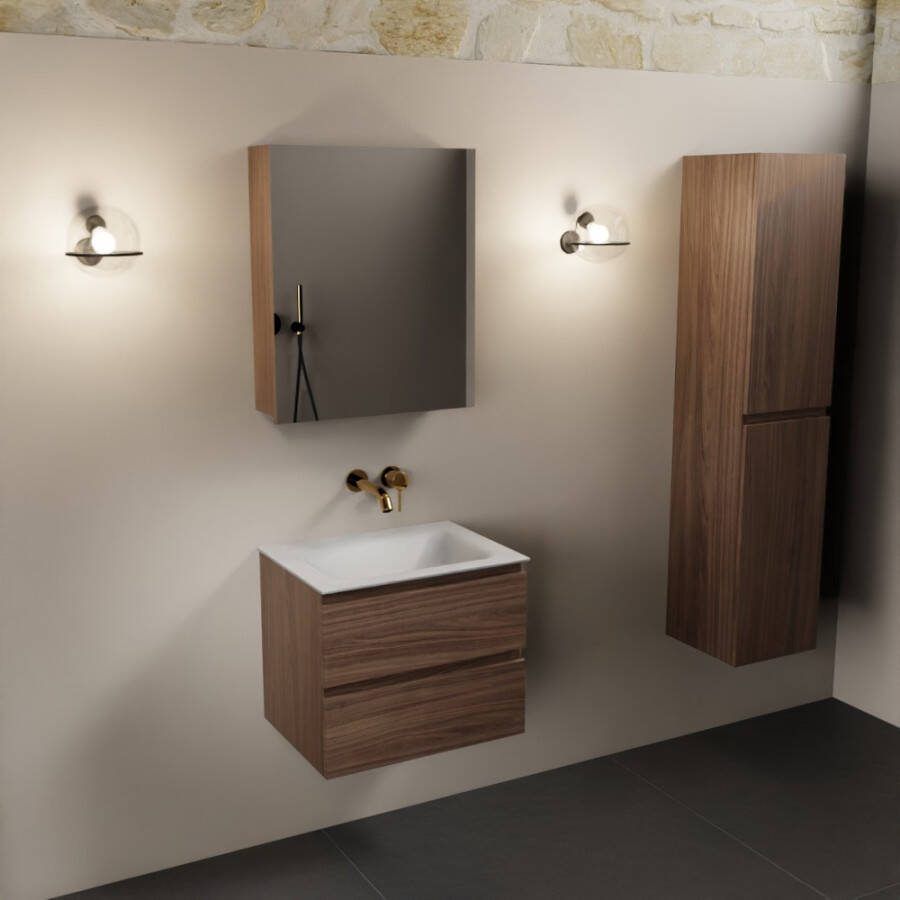 Mondiaz Aivy 60cm badmeubel Mocha wastafel Talc solid surface midden zonder kraangat met spiegelkast
