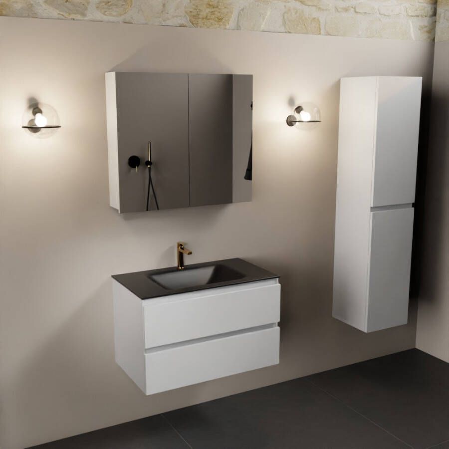 Mondiaz Aivy 80cm badmeubel Talc wastafel Urban solid surface midden 1 kraangat met spiegelkast