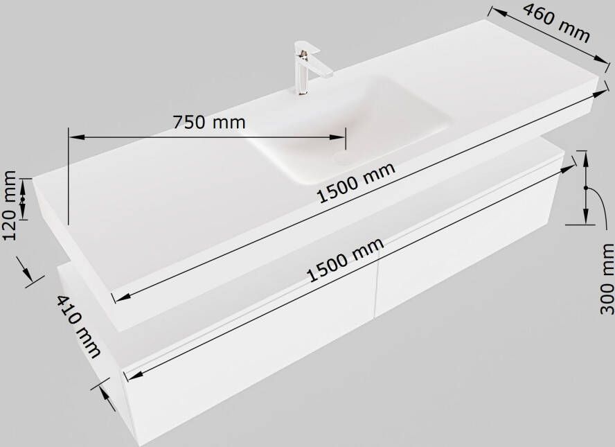 Mondiaz Alan badmeubel 150cm Talc 1 lade Cloud wastafel Talc midden zonder kraangat