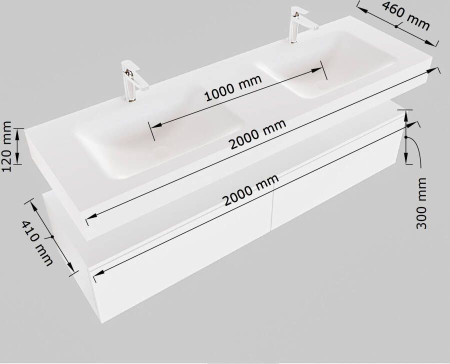Mondiaz Alan badmeubel 200cm Urban 2 lades Cloud wastafel Talc dubbel 2 kraangaten