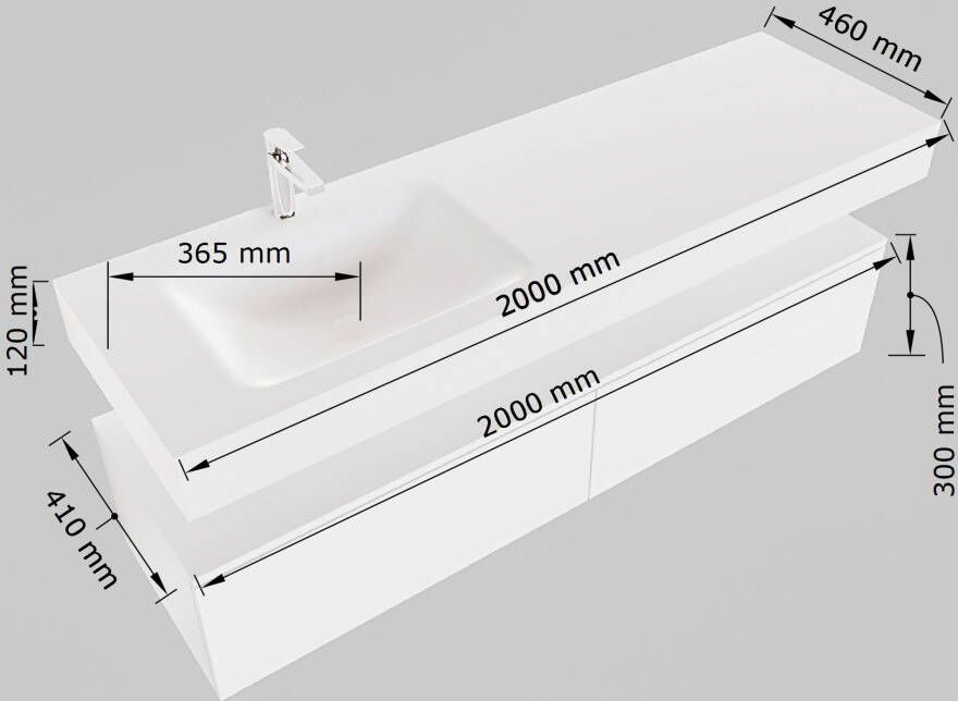 Mondiaz Alan badmeubel 200cm Urban 2 lades Cloud wastafel Talc links zonder kraangat