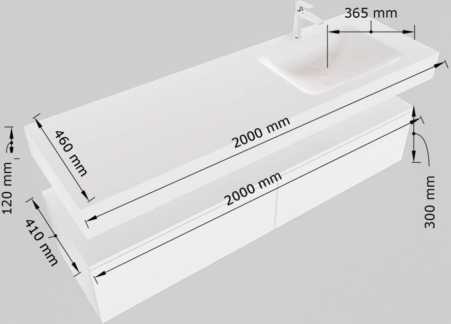 Mondiaz Alan badmeubel 200cm Urban 2 lades Cloud wastafel Talc rechts 1 kraangat