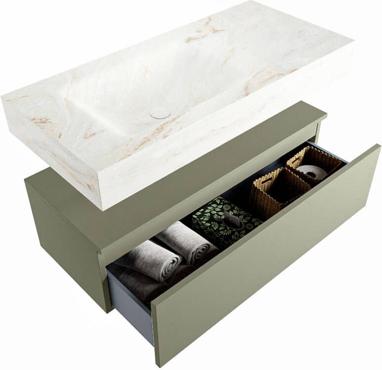 Mondiaz Alan Dlux badmeubel 100cm Army Cloud wastafel Frappe links met 1 kraangat