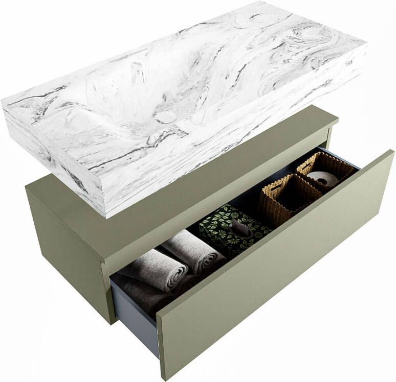 Mondiaz Alan Dlux badmeubel 100cm Army Cloud wastafel Glace links met 1 kraangat